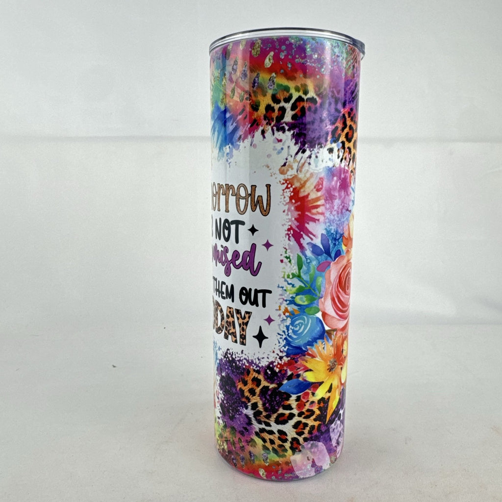 Multicolor 20oz stainless steel skinny tumbler with novelty graphic quote and floral leopard print design