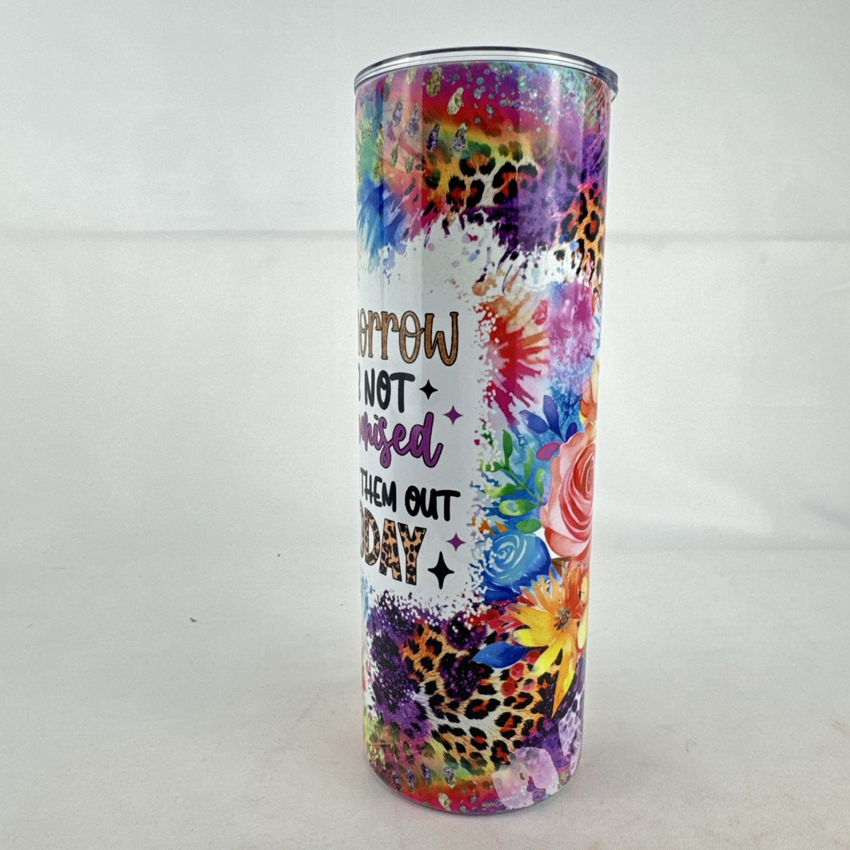 Multicolor 20oz stainless steel skinny tumbler with novelty graphic quote and floral leopard print design