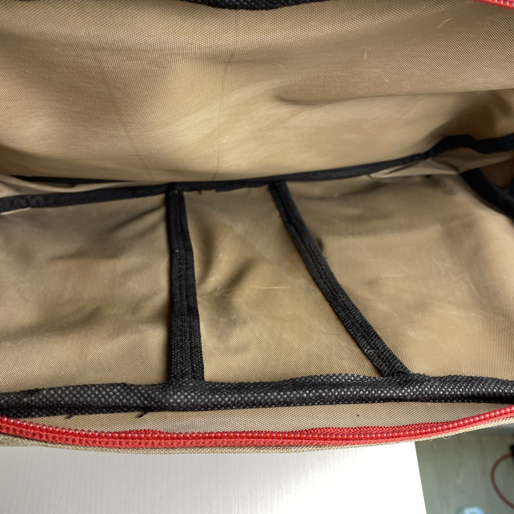 Kurgo pet travel gear organizer tote bag in heathered brown with red piping and dual handles