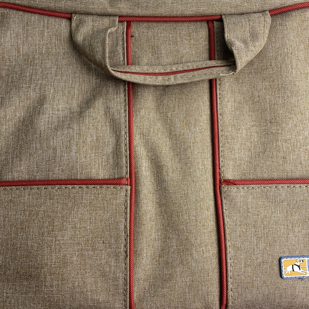 Kurgo pet travel gear organizer tote bag in heathered brown with red piping and dual handles