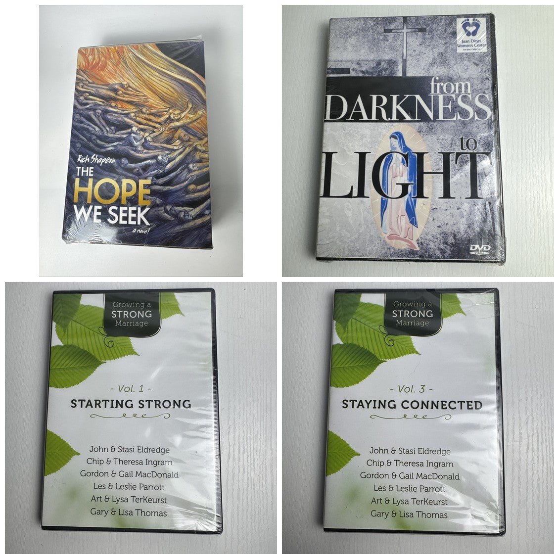 Four brand new, factory-sealed Christian Faith DVDs including Growing a Strong Marriage and From Darkness to Light.