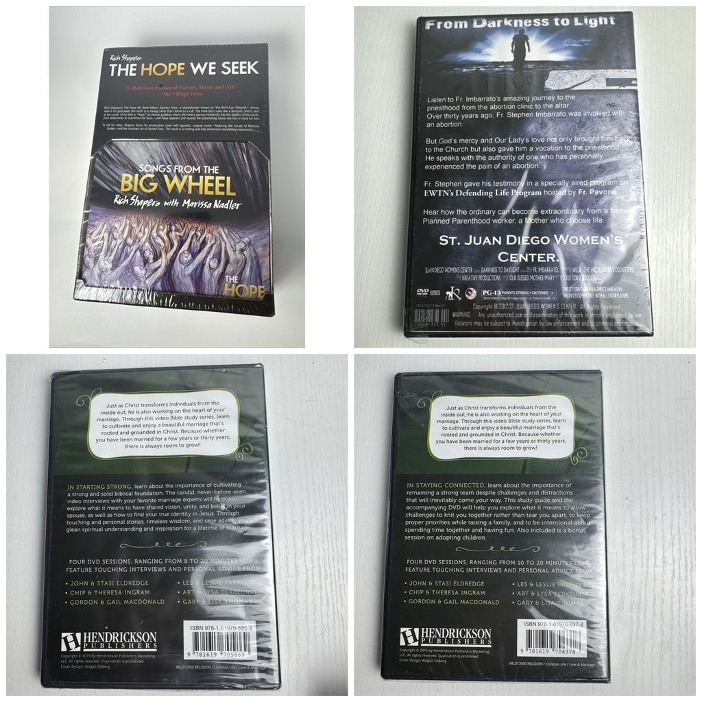 Four brand new, factory-sealed Christian Faith DVDs including Growing a Strong Marriage and From Darkness to Light.