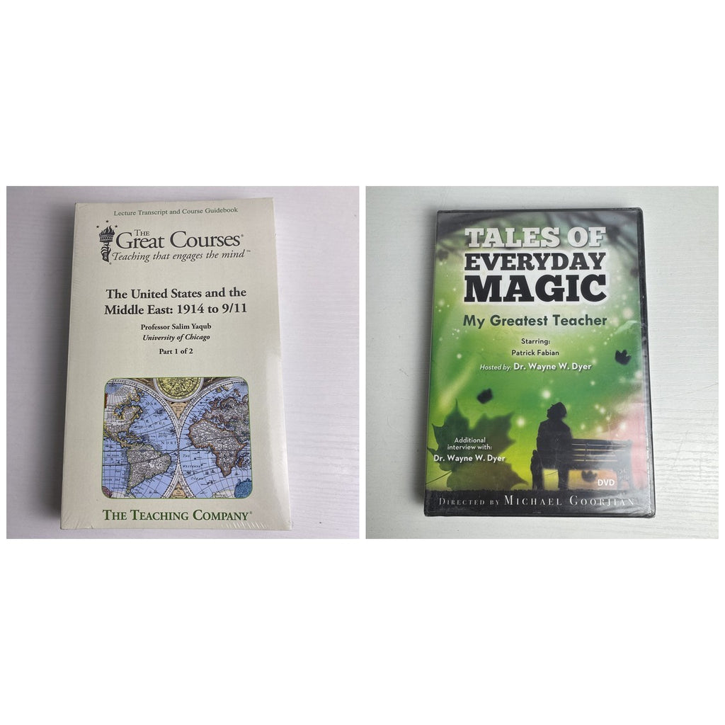 Two factory-sealed DVDs featuring The Great Courses Middle East history series and Wayne Dyer's Tales of Everyday Magic.