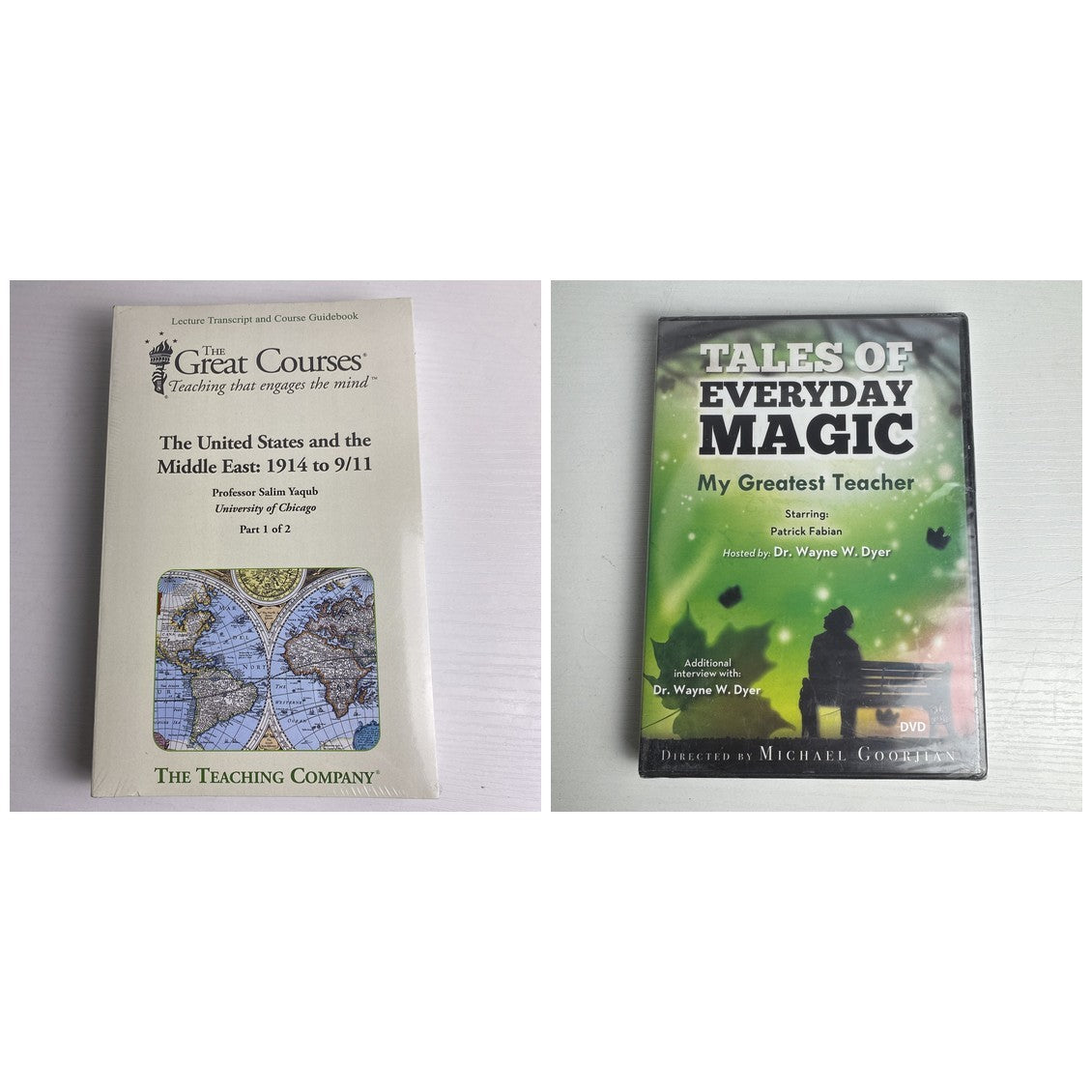 Two factory-sealed DVDs featuring The Great Courses Middle East history series and Wayne Dyer's Tales of Everyday Magic.