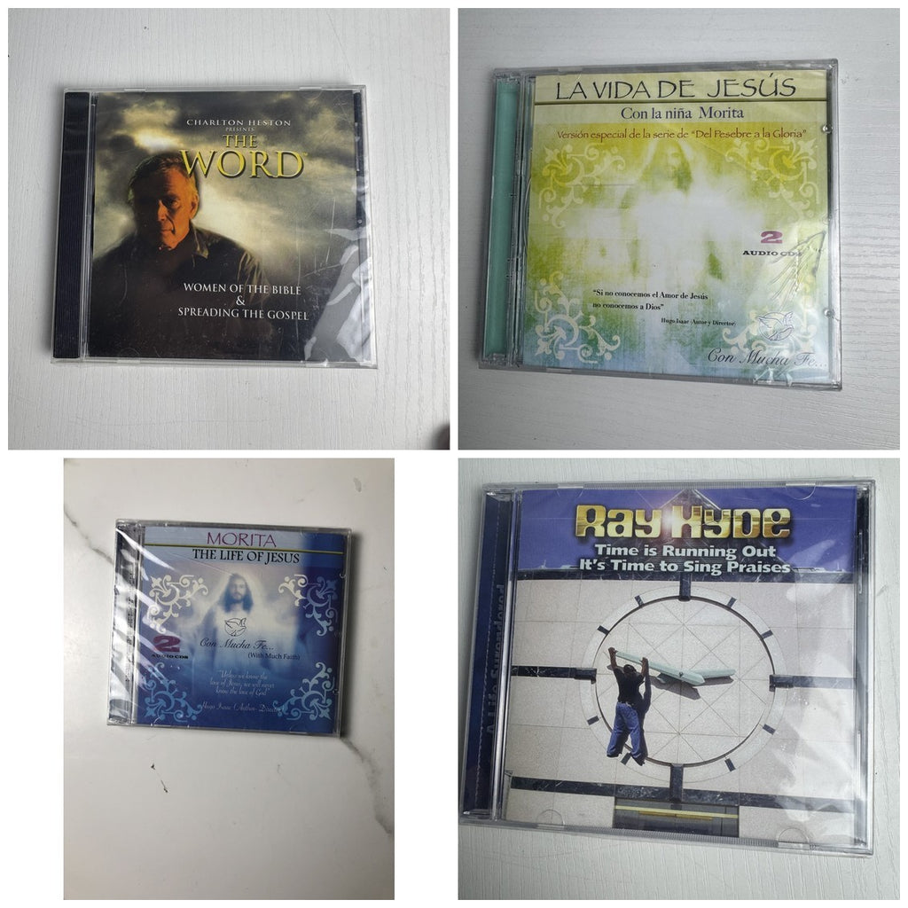 Set of 4 factory sealed Christian faith audio CDs including Charlton Heston narration and Ray Hyde gospel music.