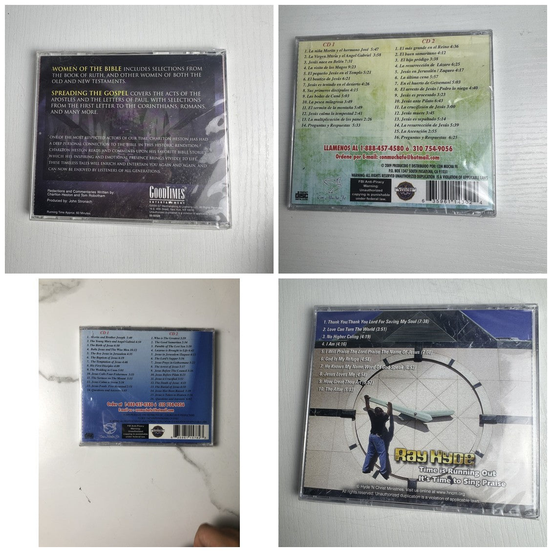 Set of 4 factory sealed Christian faith audio CDs including Charlton Heston narration and Ray Hyde gospel music.