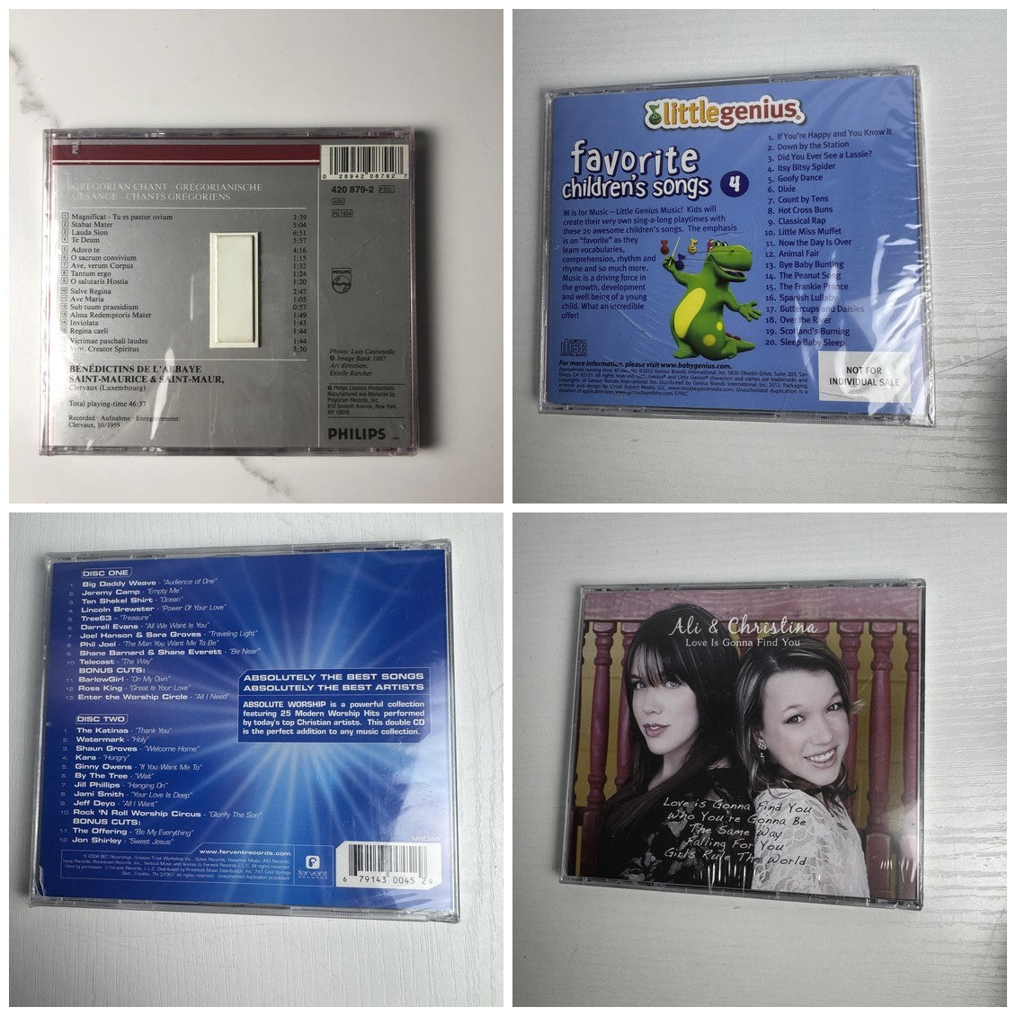 Set of 4 factory-sealed CDs including Salve Regina Gregorian Chant, Absolute Worship, and Little Genius children's songs.