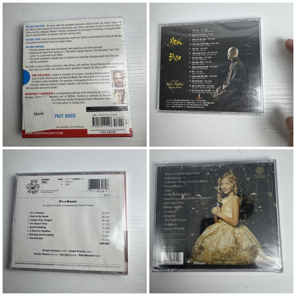 Set of four factory sealed CDs including Great By Choice audiobook, Jackie Evancho, and Itzhak Perlman albums.