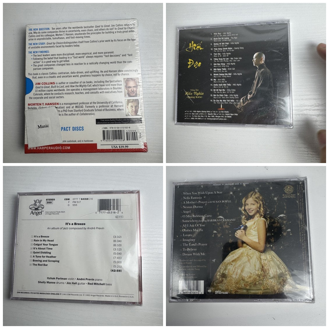 Set of four factory sealed CDs including Great By Choice audiobook, Jackie Evancho, and Itzhak Perlman albums.
