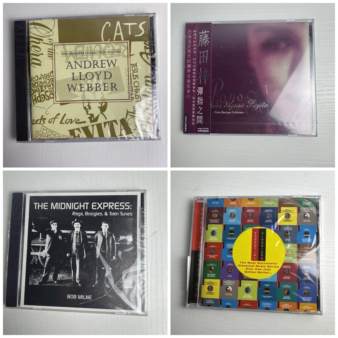 Set of 4 factory-sealed classical and piano music CDs including Andrew Lloyd Webber and Bob Milne albums.