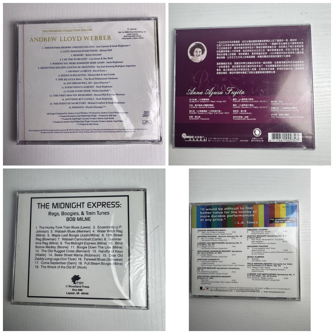 Set of 4 factory-sealed classical and piano music CDs including Andrew Lloyd Webber and Bob Milne albums.