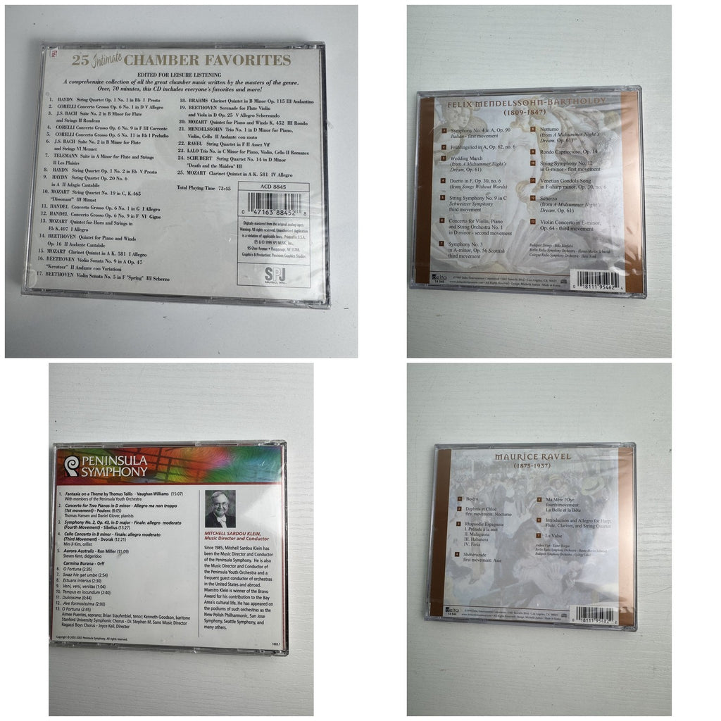 Set of four brand new factory sealed classical music CDs including works by Ravel, Mendelssohn, and Peninsula Symphony
