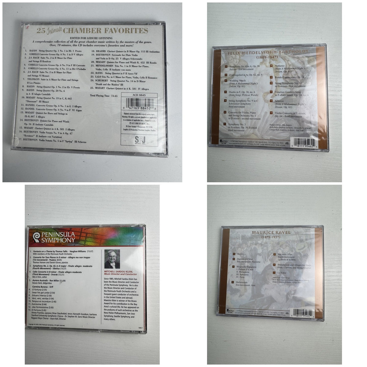 Set of four brand new factory sealed classical music CDs including works by Ravel, Mendelssohn, and Peninsula Symphony