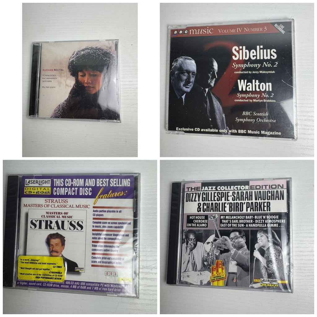 Factory-sealed lot of 4 classical and jazz music CDs including Dizzy Gillespie, Sarah Vaughan, and Strauss.