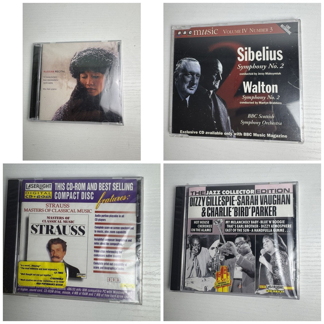 Factory-sealed lot of 4 classical and jazz music CDs including Dizzy Gillespie, Sarah Vaughan, and Strauss.