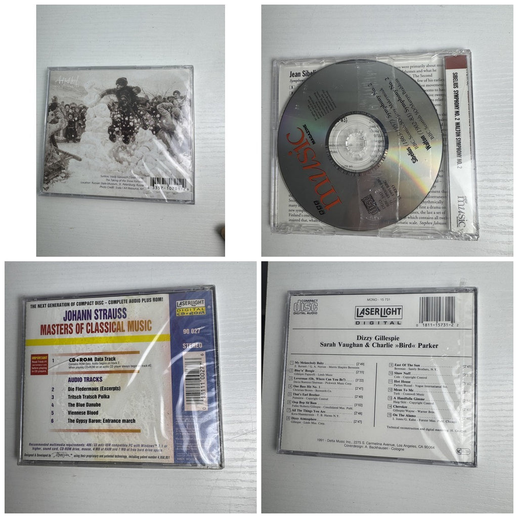 Factory-sealed lot of 4 classical and jazz music CDs including Dizzy Gillespie, Sarah Vaughan, and Strauss.