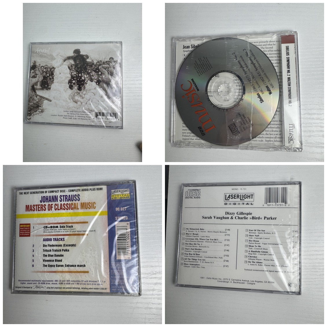 Factory-sealed lot of 4 classical and jazz music CDs including Dizzy Gillespie, Sarah Vaughan, and Strauss.