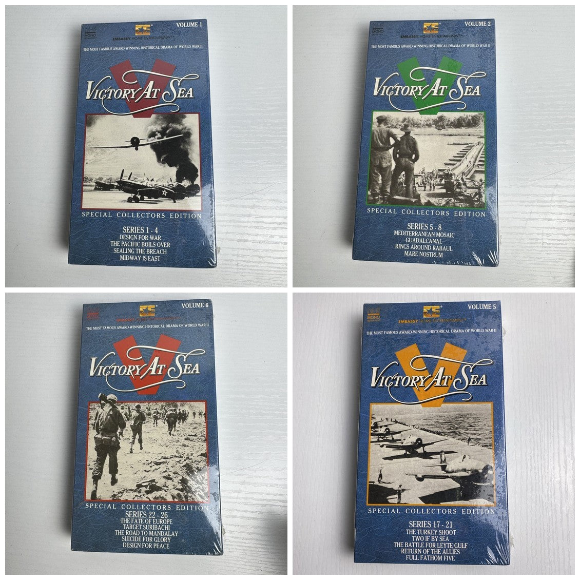 Four factory-sealed Victory At Sea Special Collectors Edition VHS tapes, Volumes 1, 2, 5, and 6.