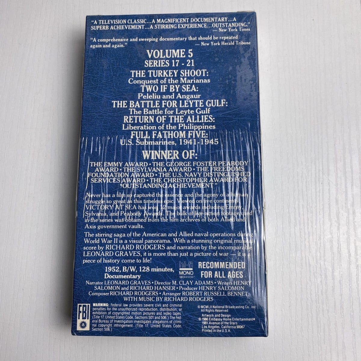 Four factory-sealed Victory At Sea Special Collectors Edition VHS tapes, Volumes 1, 2, 5, and 6.