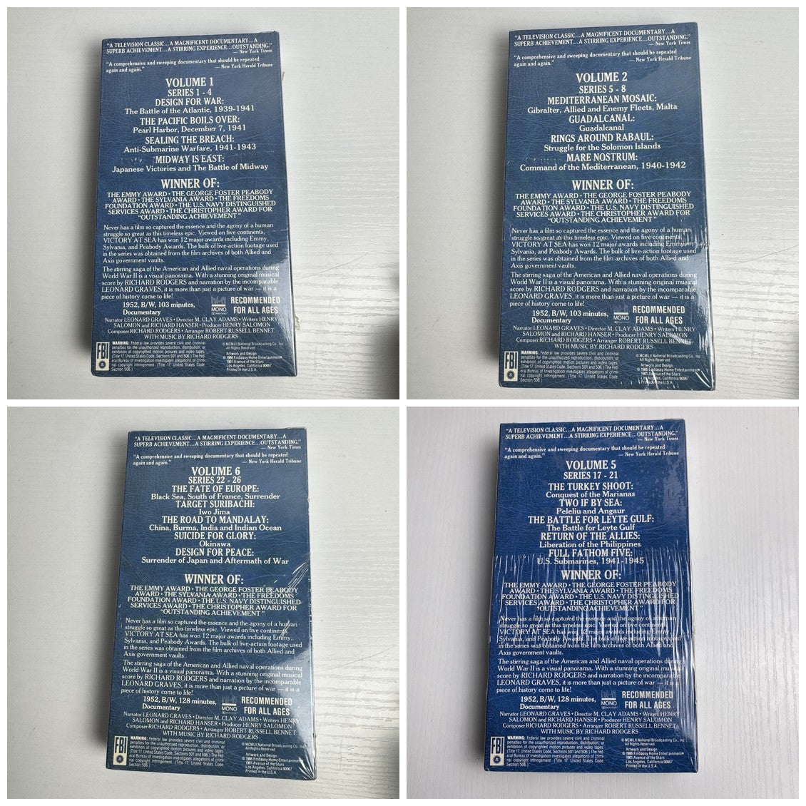 Four factory-sealed Victory At Sea Special Collectors Edition VHS tapes, Volumes 1, 2, 5, and 6.