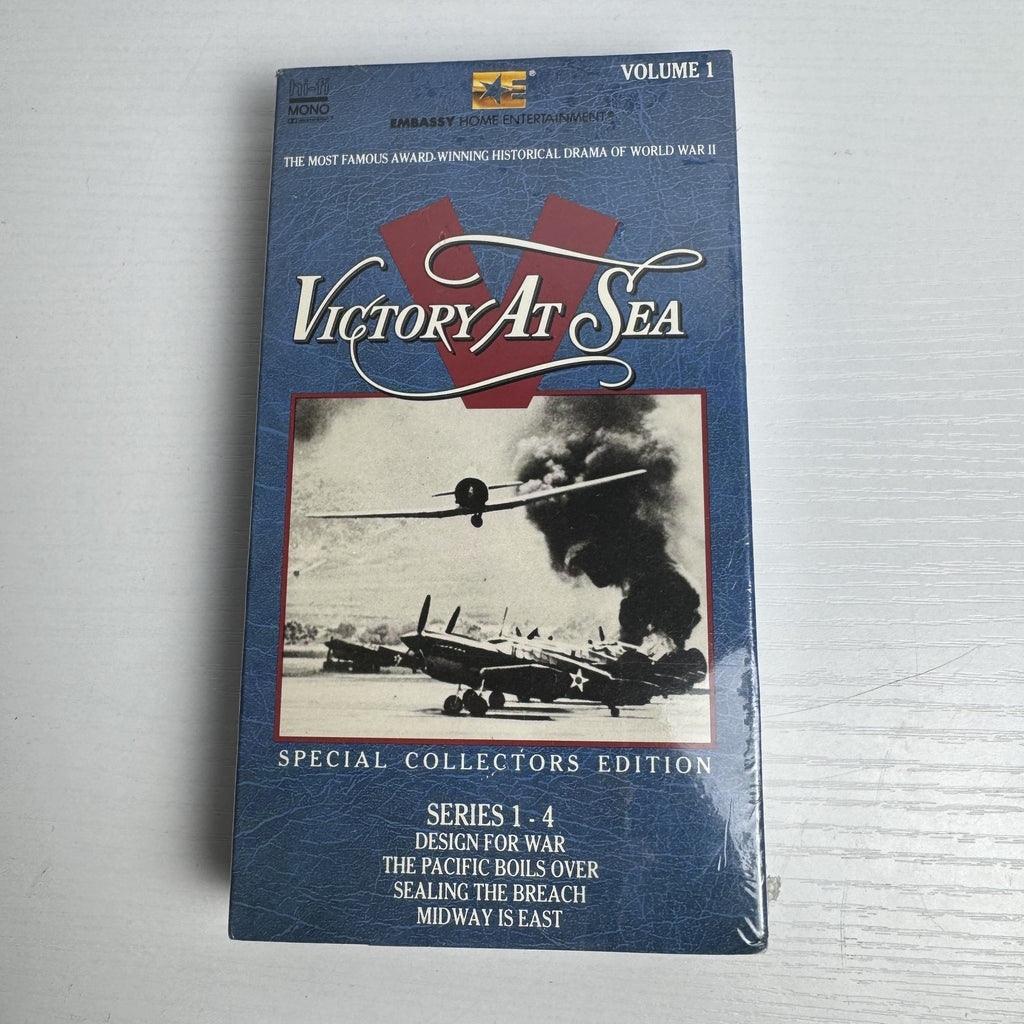 Four factory-sealed Victory At Sea Special Collectors Edition VHS tapes, Volumes 1, 2, 5, and 6.