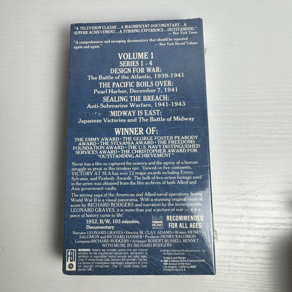 Four factory-sealed Victory At Sea Special Collectors Edition VHS tapes, Volumes 1, 2, 5, and 6.