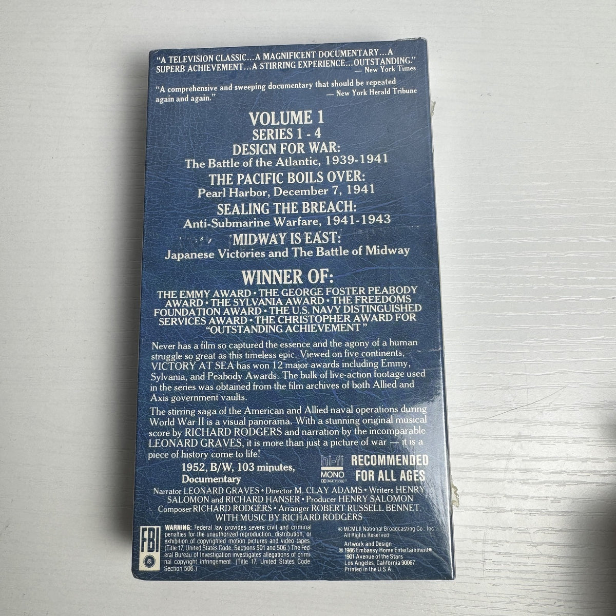 Four factory-sealed Victory At Sea Special Collectors Edition VHS tapes, Volumes 1, 2, 5, and 6.