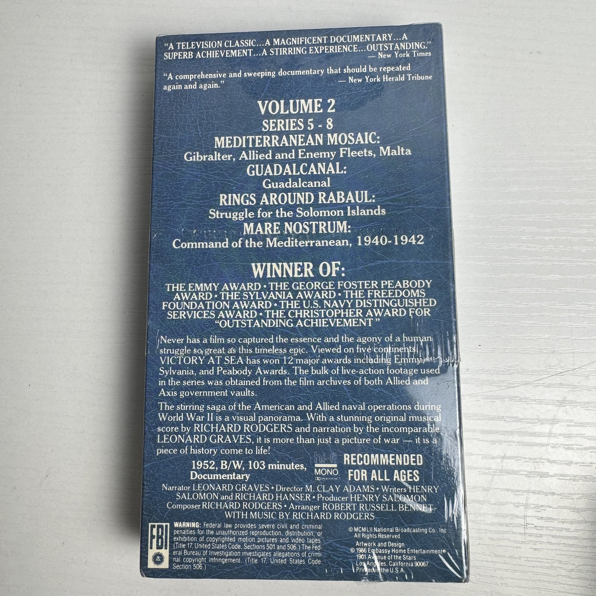 Four factory-sealed Victory At Sea Special Collectors Edition VHS tapes, Volumes 1, 2, 5, and 6.