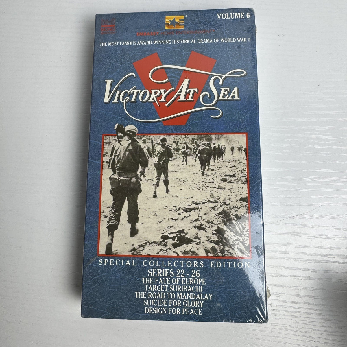 Four factory-sealed Victory At Sea Special Collectors Edition VHS tapes, Volumes 1, 2, 5, and 6.