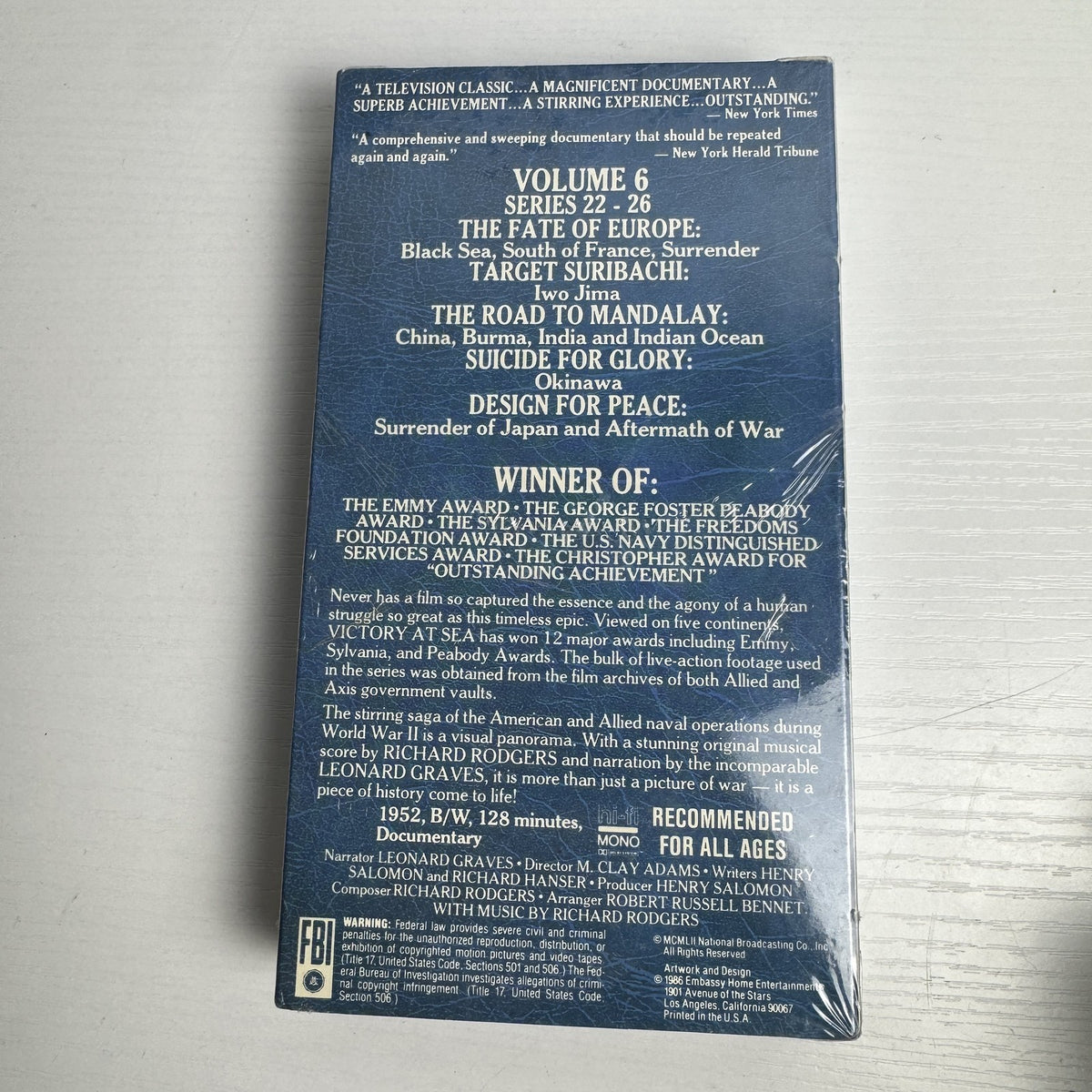 Four factory-sealed Victory At Sea Special Collectors Edition VHS tapes, Volumes 1, 2, 5, and 6.