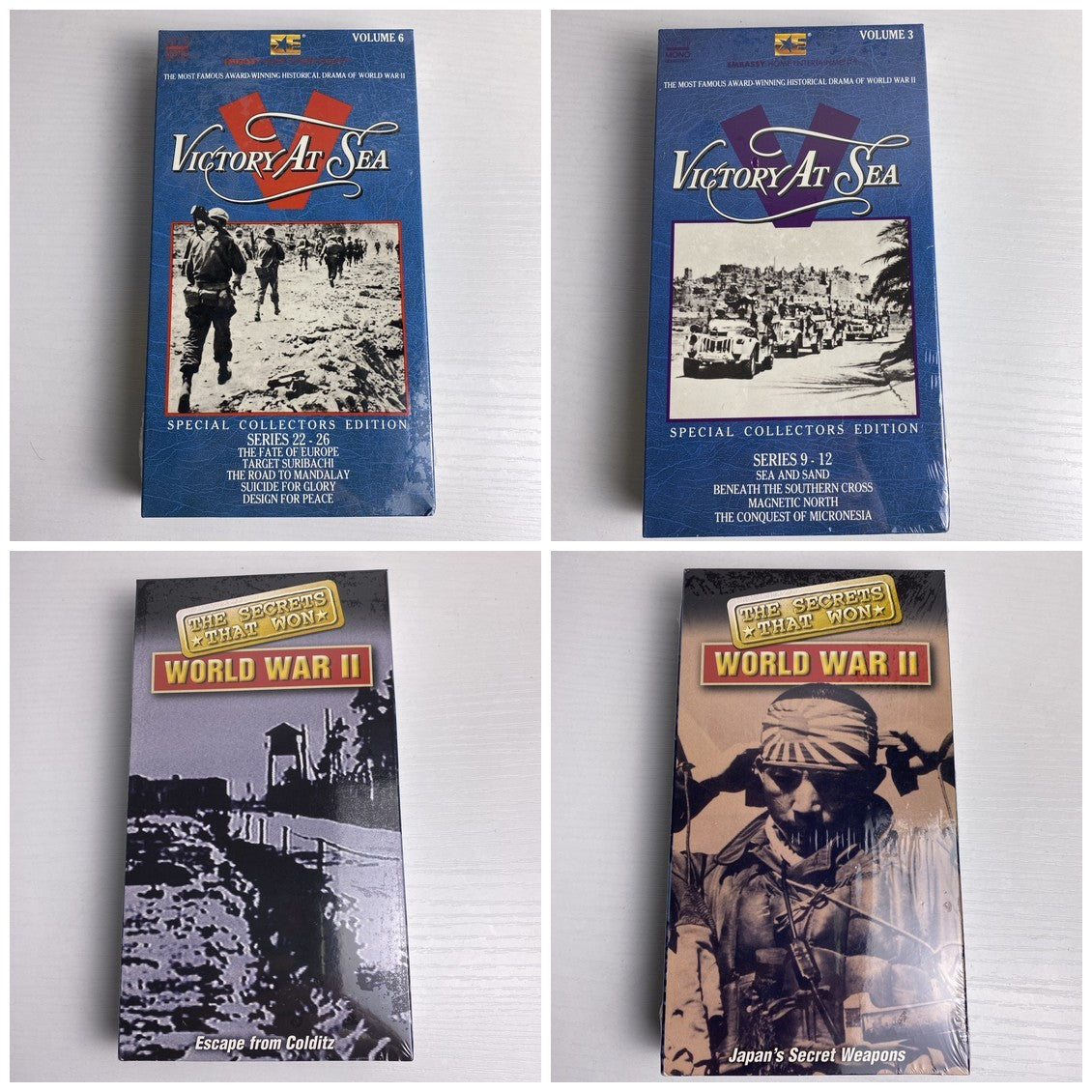 Set of four factory sealed WWII documentary VHS tapes including Victory At Sea Volumes 3 and 6