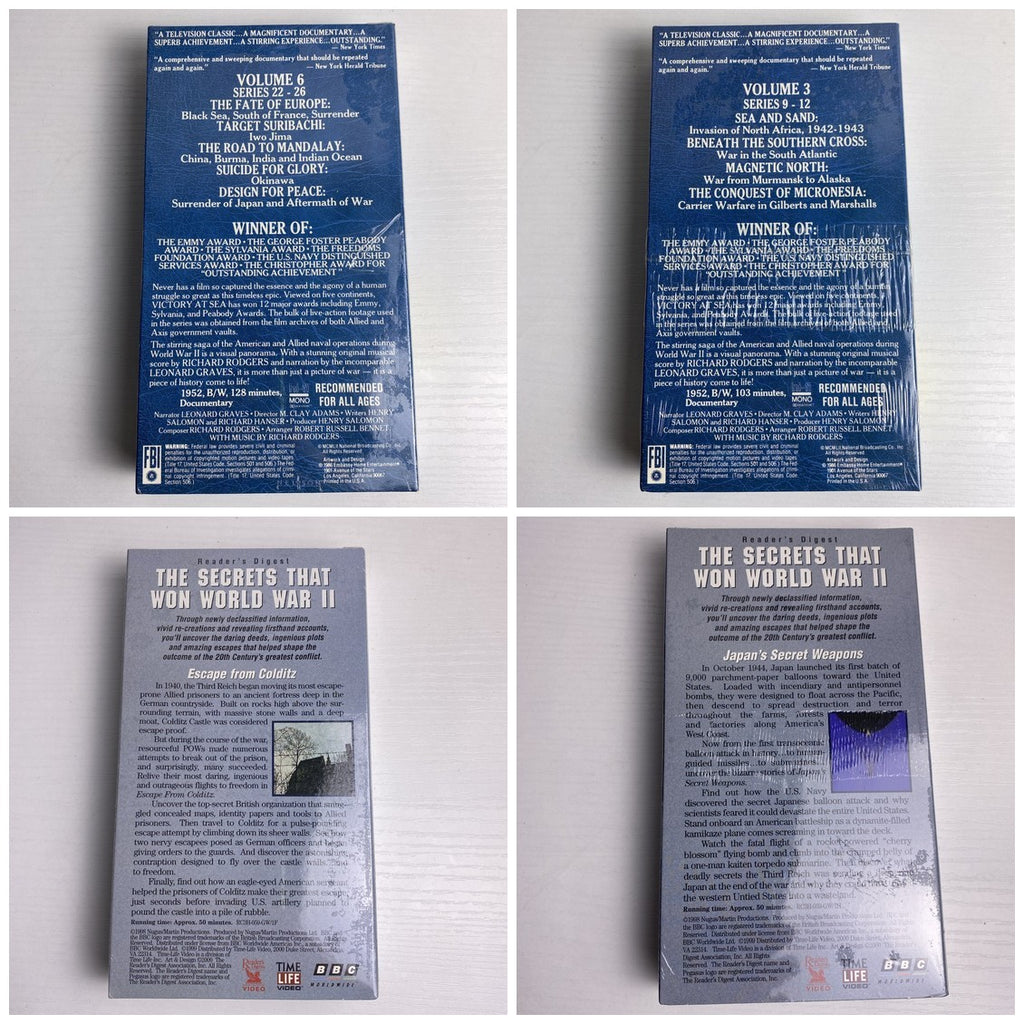 Set of four factory sealed WWII documentary VHS tapes including Victory At Sea Volumes 3 and 6