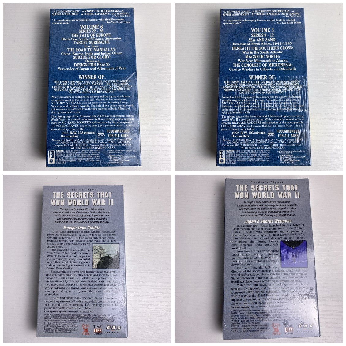 Set of four factory sealed WWII documentary VHS tapes including Victory At Sea Volumes 3 and 6