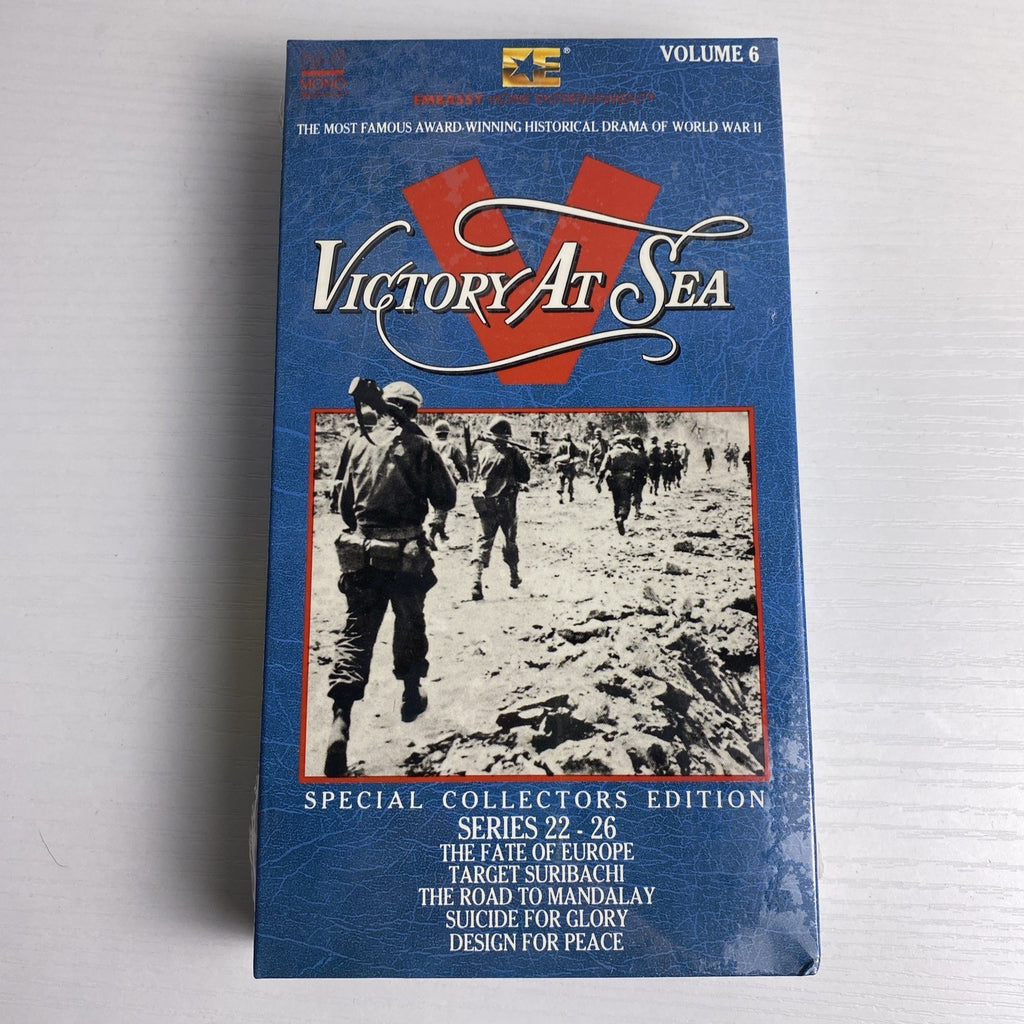 Set of four factory sealed WWII documentary VHS tapes including Victory At Sea Volumes 3 and 6