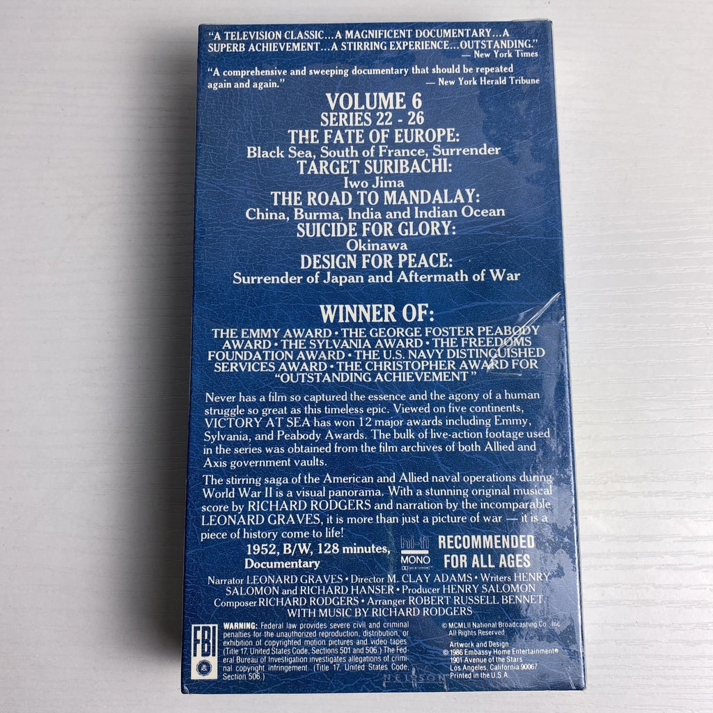 Set of four factory sealed WWII documentary VHS tapes including Victory At Sea Volumes 3 and 6