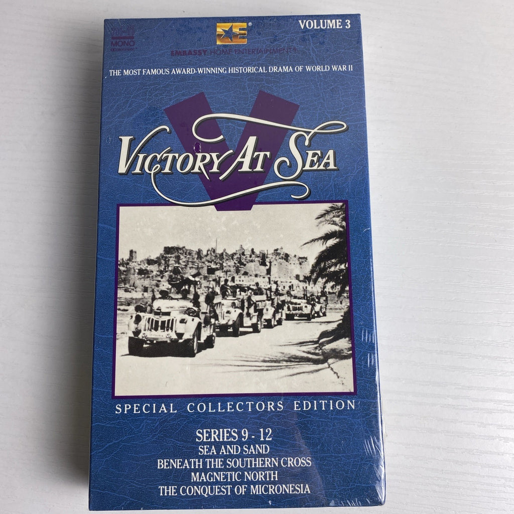 Set of four factory sealed WWII documentary VHS tapes including Victory At Sea Volumes 3 and 6