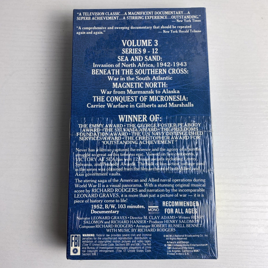 Set of four factory sealed WWII documentary VHS tapes including Victory At Sea Volumes 3 and 6