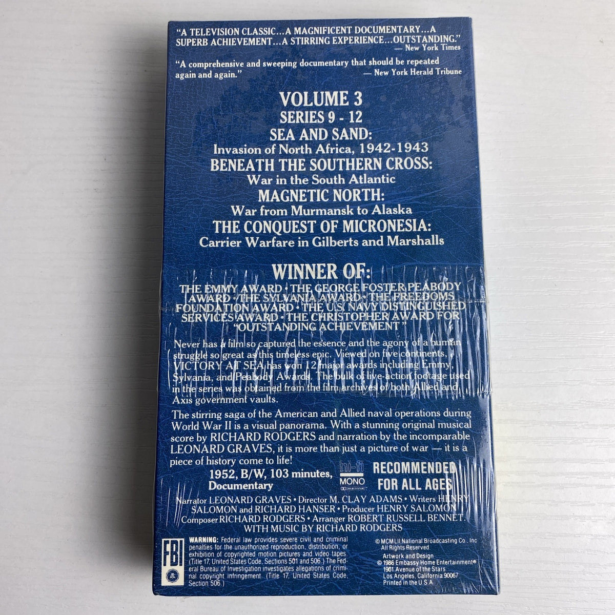 Set of four factory sealed WWII documentary VHS tapes including Victory At Sea Volumes 3 and 6
