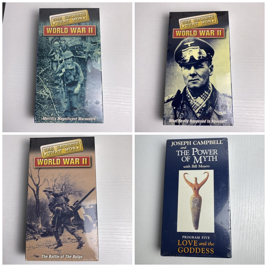 Lot of 4 factory sealed vintage documentary VHS tapes including WWII Secrets and Joseph Campbell Power of Myth