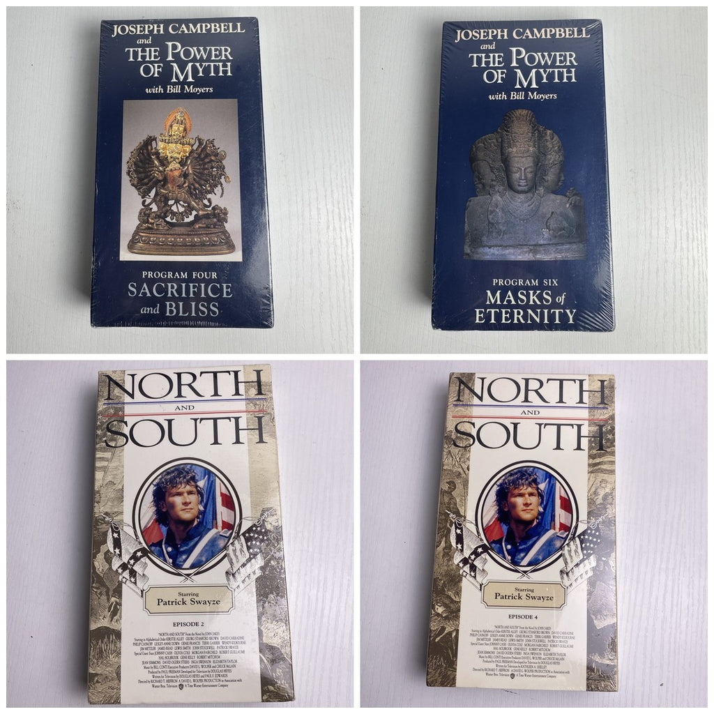 Set of 4 factory-sealed vintage VHS tapes featuring Joseph Campbell PBS series and North and South miniseries.