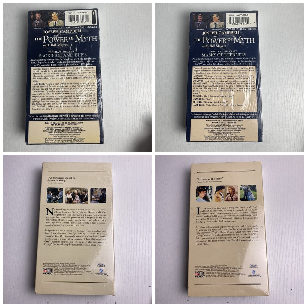 Set of 4 factory-sealed vintage VHS tapes featuring Joseph Campbell PBS series and North and South miniseries.