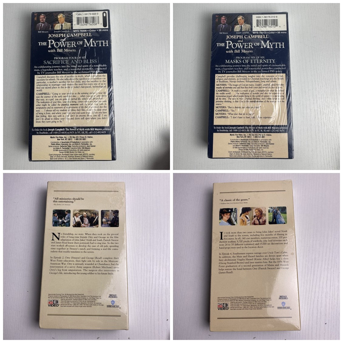 Set of 4 factory-sealed vintage VHS tapes featuring Joseph Campbell PBS series and North and South miniseries.