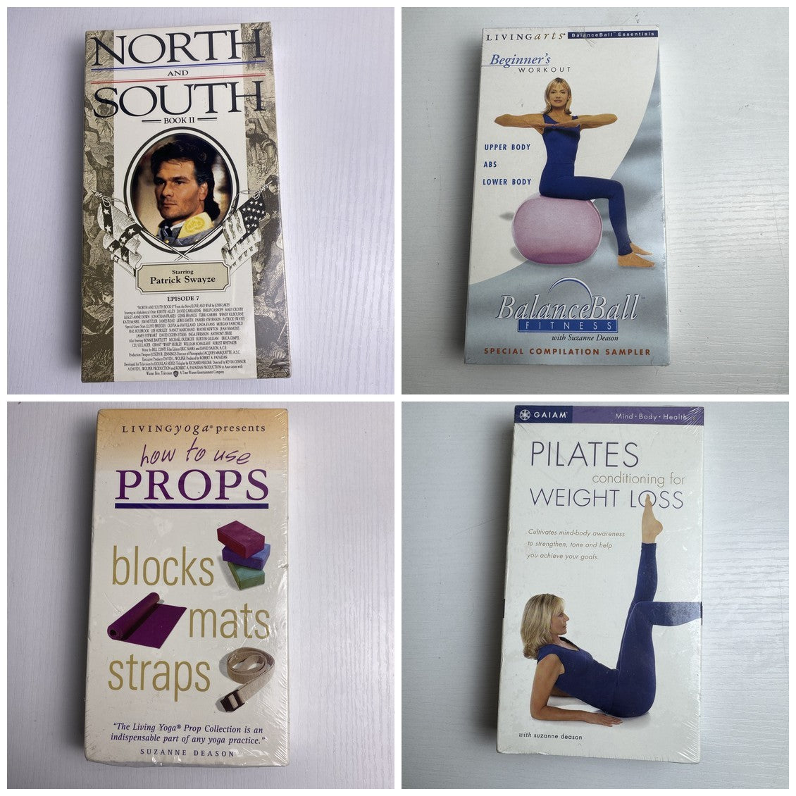 Four brand new factory sealed vintage VHS tapes featuring North and South with Patrick Swayze and Suzanne Deason yoga.