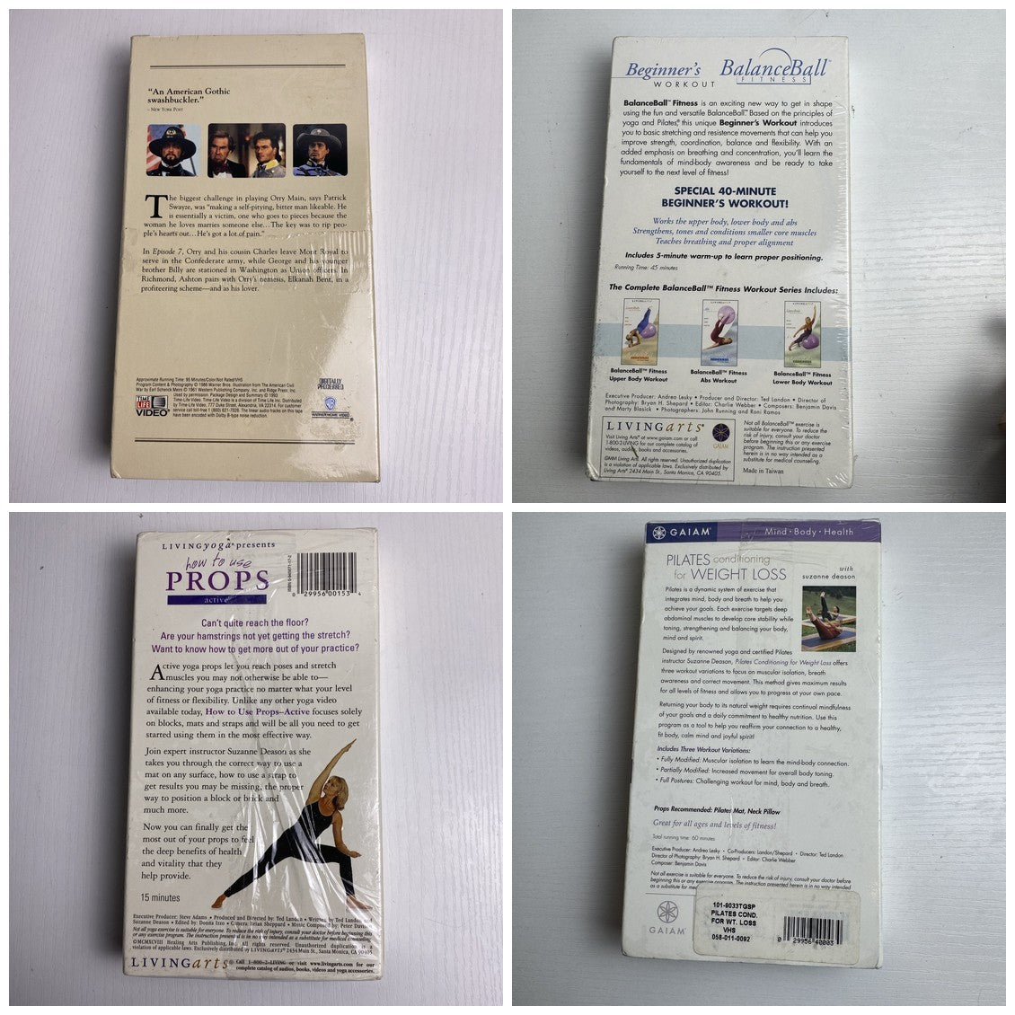 Four brand new factory sealed vintage VHS tapes featuring North and South with Patrick Swayze and Suzanne Deason yoga.