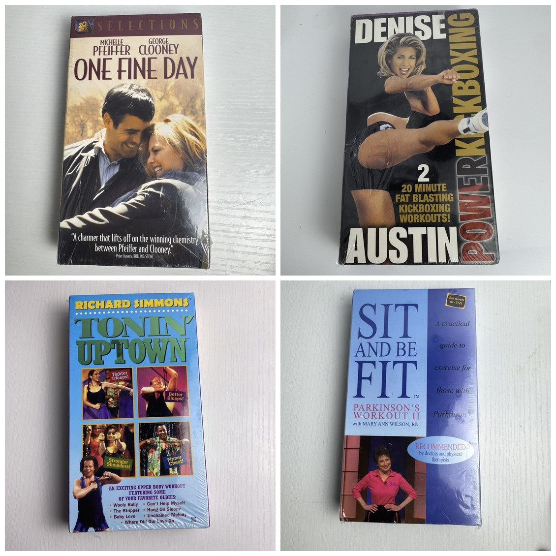 Set of four factory sealed retro VHS tapes featuring fitness workouts and the movie One Fine Day.