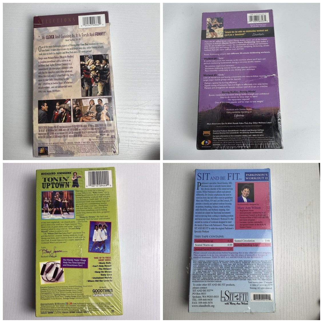 Set of four factory sealed retro VHS tapes featuring fitness workouts and the movie One Fine Day.