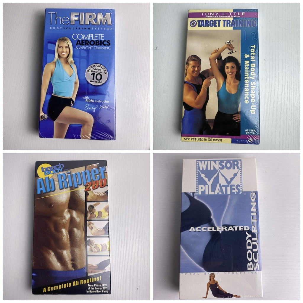 Set of 4 brand new factory sealed fitness workout VHS tapes including The Firm, Tony Little, Winsor Pilates, and Ab Ripper