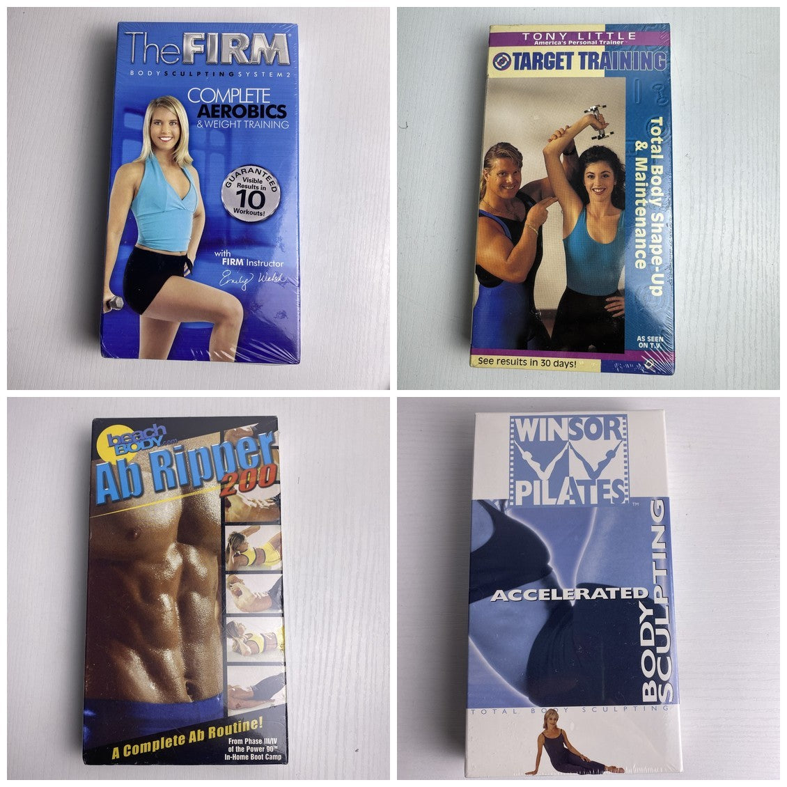 Set of 4 brand new factory sealed fitness workout VHS tapes including The Firm, Tony Little, Winsor Pilates, and Ab Ripper