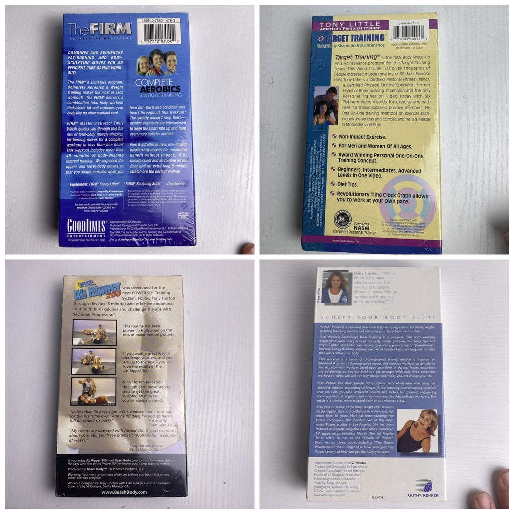 Set of 4 brand new factory sealed fitness workout VHS tapes including The Firm, Tony Little, Winsor Pilates, and Ab Ripper