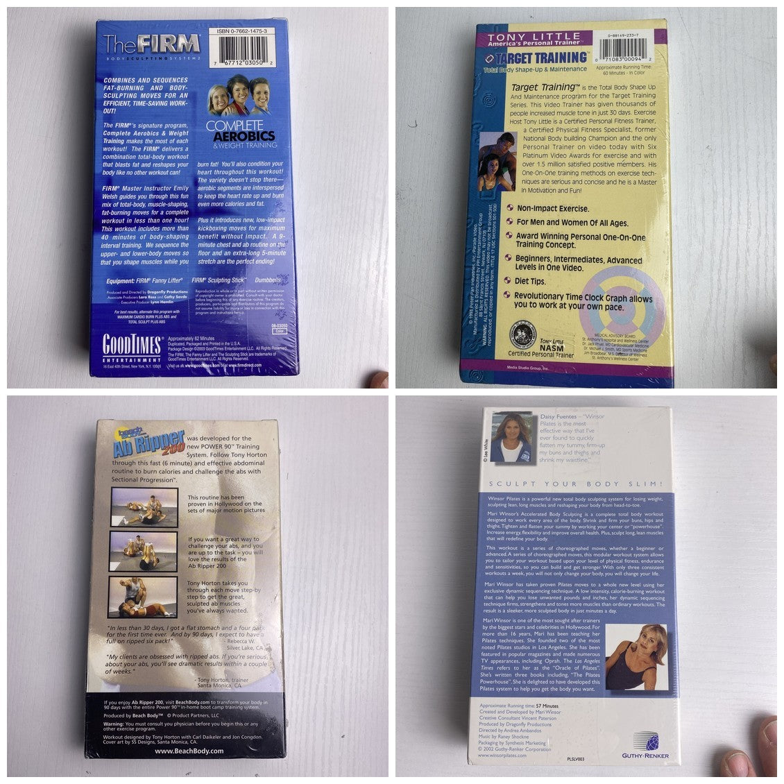 Set of 4 brand new factory sealed fitness workout VHS tapes including The Firm, Tony Little, Winsor Pilates, and Ab Ripper